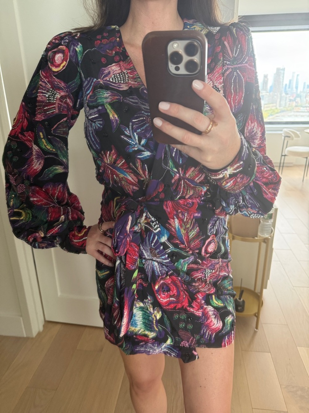 The Kooples Black Floral Wrap Mini Dress with Multicolor Bloom
